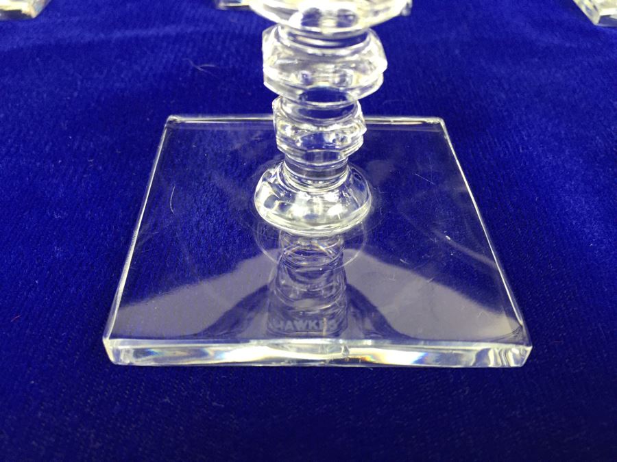 Set Of 10 Art Deco HAWKES (Steuben) Lead Crystal Stemware Glasses Square Base And Notched Stem [Photo 7]