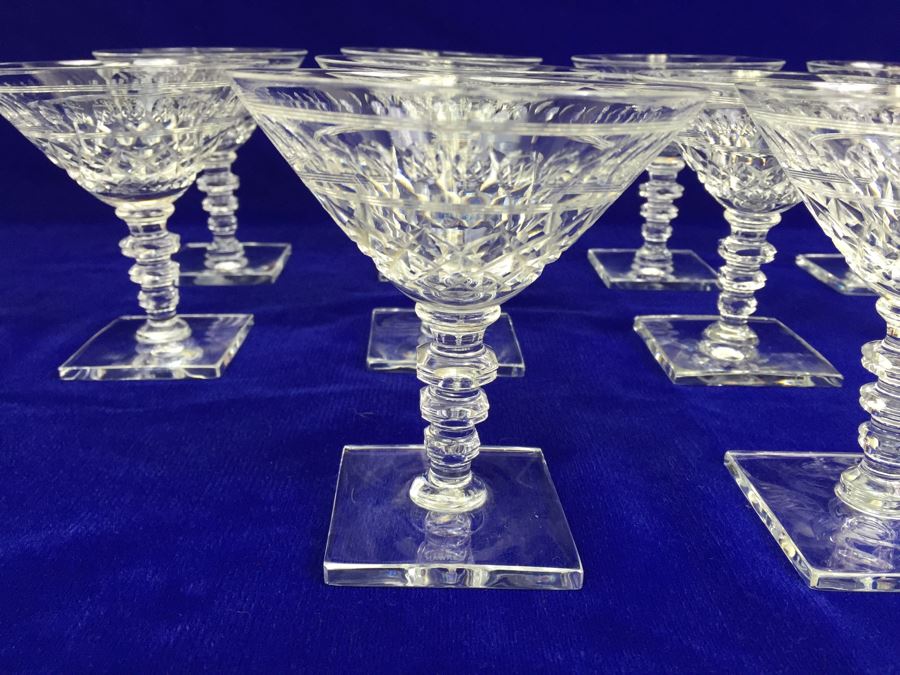 Set Of 10 Art Deco HAWKES (Steuben) Lead Crystal Stemware Glasses Square Base And Notched Stem [Photo 2]