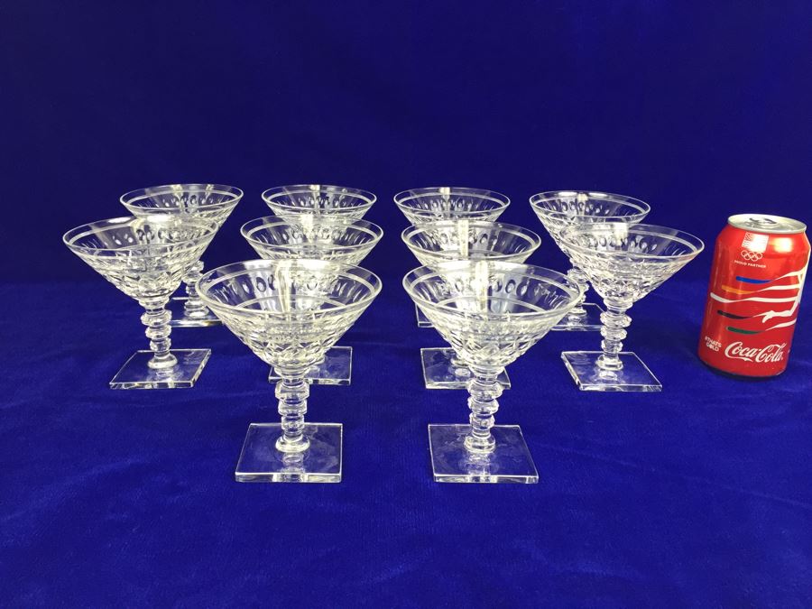 Set Of 10 Art Deco HAWKES (Steuben) Lead Crystal Stemware Glasses Square Base And Notched Stem