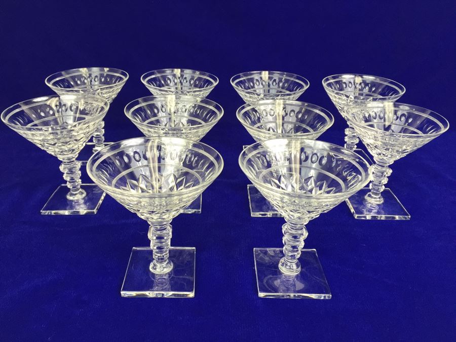 Set Of 10 Art Deco HAWKES (Steuben) Lead Crystal Stemware Glasses Square Base And Notched Stem [Photo 4]