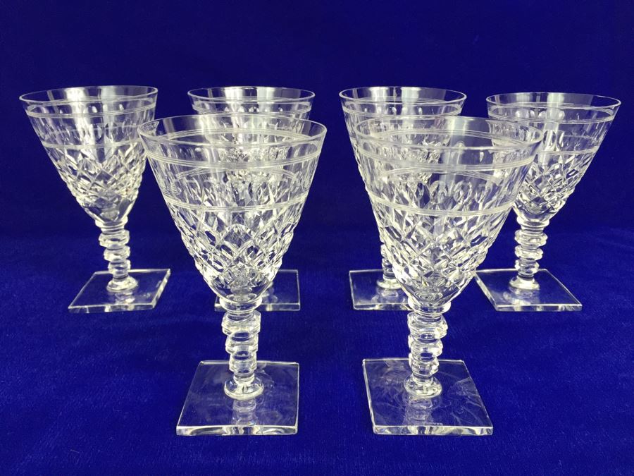 Set Of 6 Art Deco HAWKES (Steuben) Lead Crystal Stemware Glasses Square Base And Notched Stem
