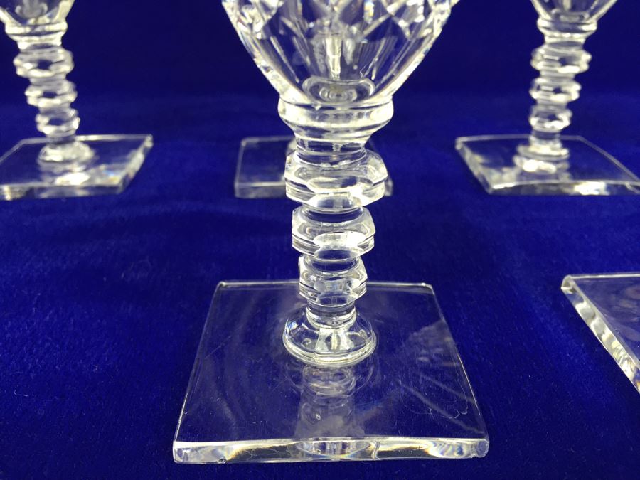 Set Of 6 Art Deco HAWKES (Steuben) Lead Crystal Stemware Glasses Square Base And Notched Stem [Photo 8]