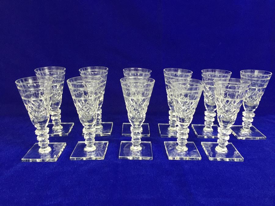 Set Of 11 Art Deco HAWKES (Steuben) Lead Crystal Stemware Glasses Square Base And Notched Stem