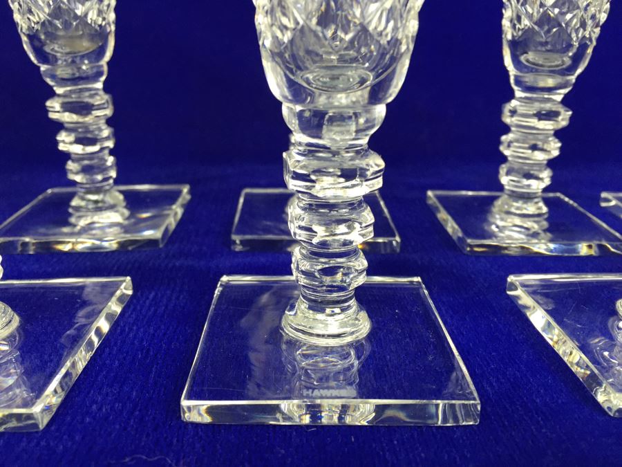 Set Of 11 Art Deco HAWKES (Steuben) Lead Crystal Stemware Glasses Square Base And Notched Stem [Photo 10]