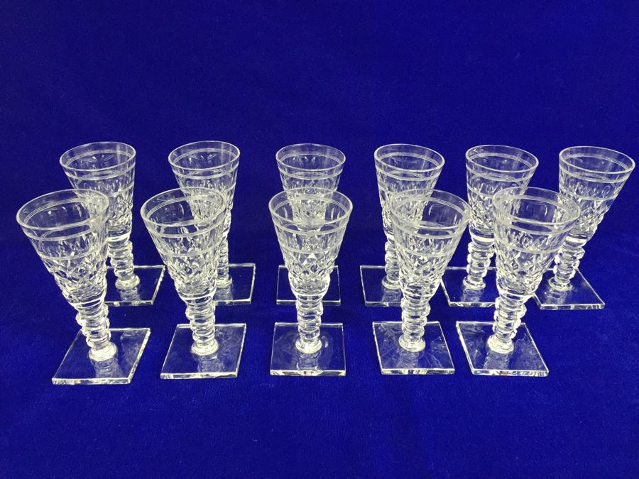 Set Of 11 Art Deco HAWKES (Steuben) Lead Crystal Stemware Glasses Square Base And Notched Stem [Photo 5]