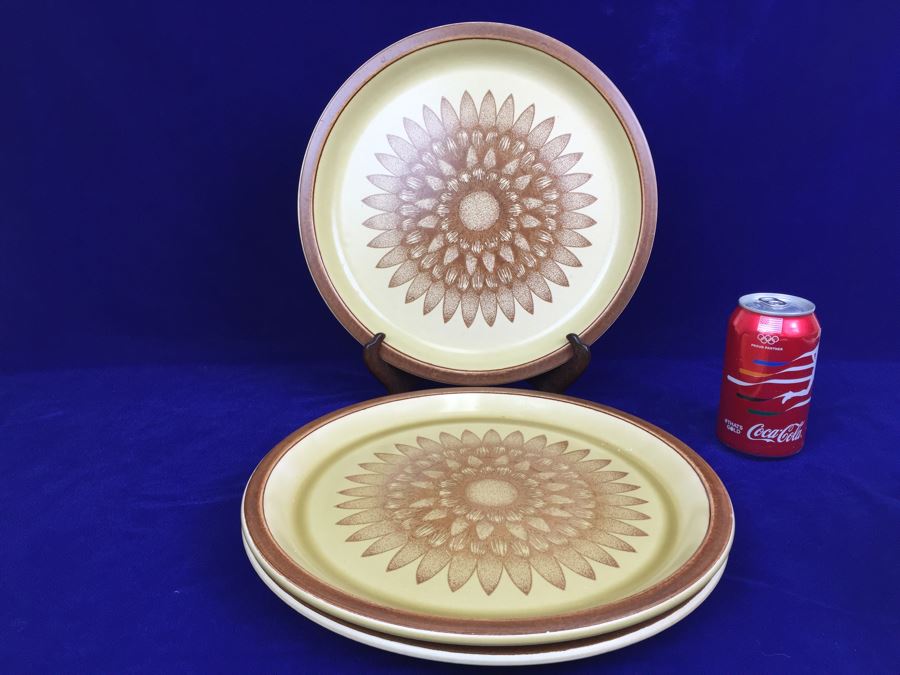 Set Of 3 Large Meadow Lane Brown Zinnia Plates Sunflower Canonsburg Pottery Co., USA [Photo 1]