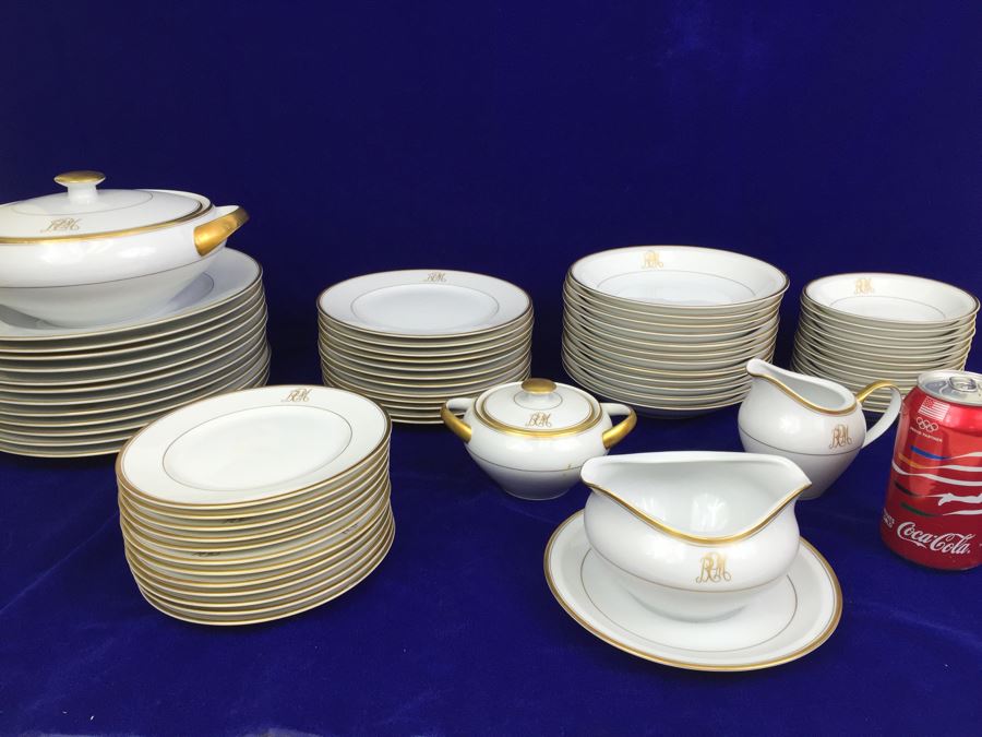 Large China Set Meito China JAPAN Hand Painted White With Gold Rim Monogramed RPM
