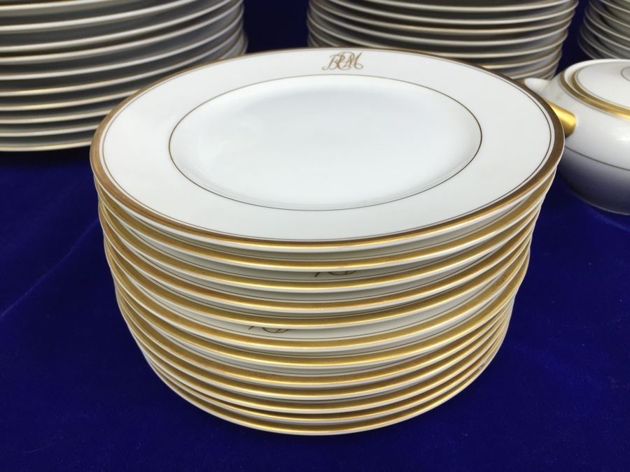 Large China Set Meito China JAPAN Hand Painted White With Gold Rim Monogramed RPM [Photo 5]