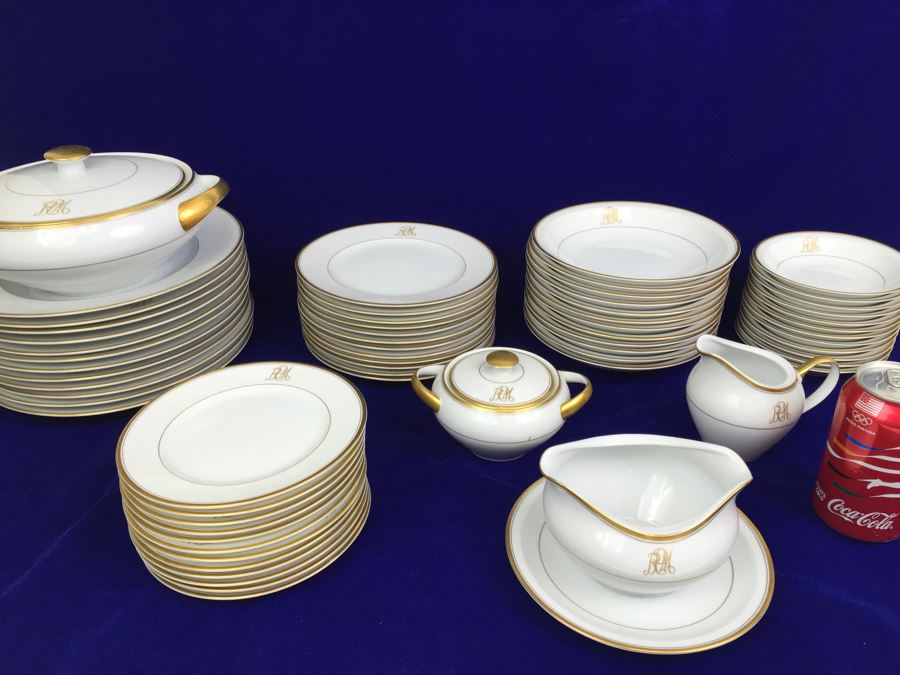 Large China Set Meito China JAPAN Hand Painted White With Gold Rim Monogramed RPM [Photo 4]