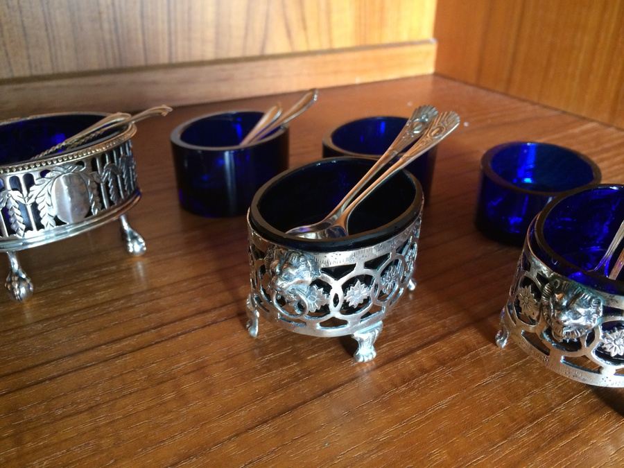 Lot of Vintage Silver Salts Pedestal and Spoons with Extra Blue Glass [Photo 16]
