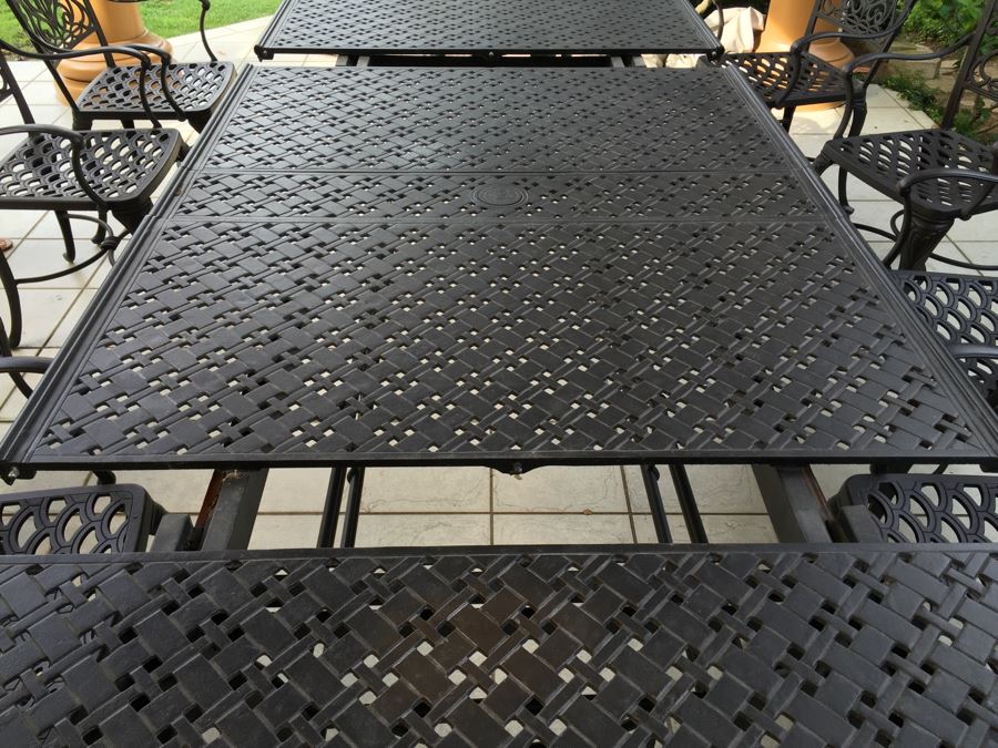 Luxury Quality 'Hanamint' Cast Aluminum Outdoor Black Dining Table With Two Leaves And 12 Chairs Plus Canvas Cover For Patio Furniture [Photo 21]