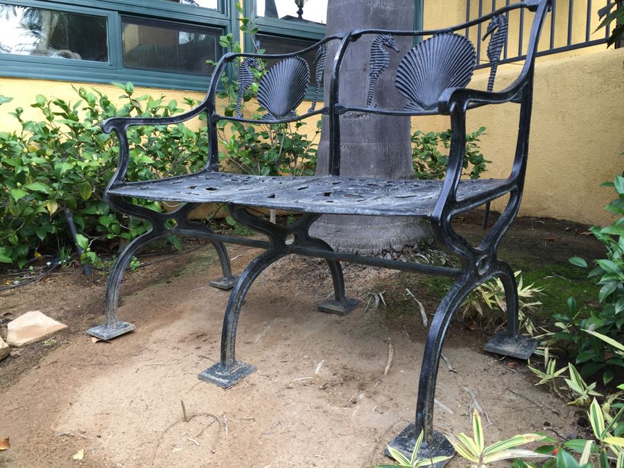Outdoor Metal Garden Bench With Shell And Seahorse Motif #1 [Photo 3]