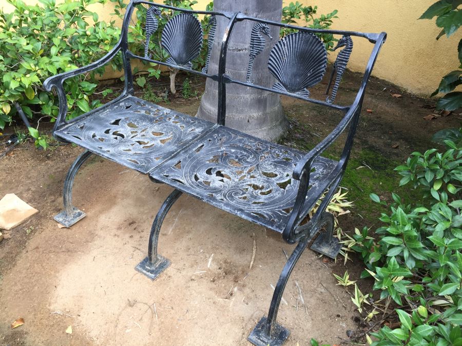 Outdoor Metal Garden Bench With Shell And Seahorse Motif #1