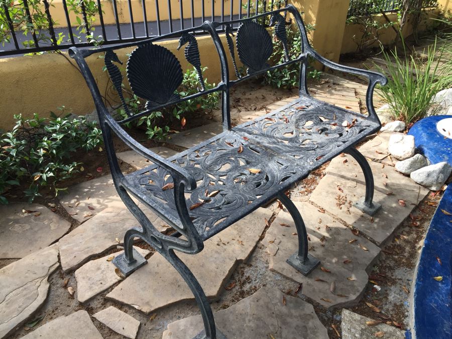 Outdoor Metal Garden Bench With Shell And Seahorse Motif #2