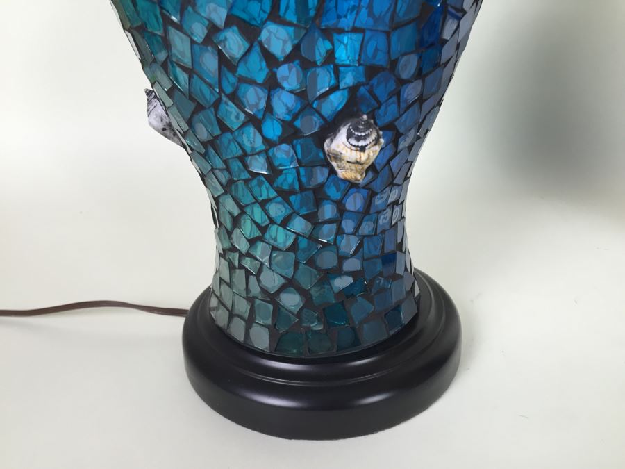 Nice Pair Of Contemporary Blue Mosaic Glass Lamps With Shell & Ocean Motif [Photo 6]