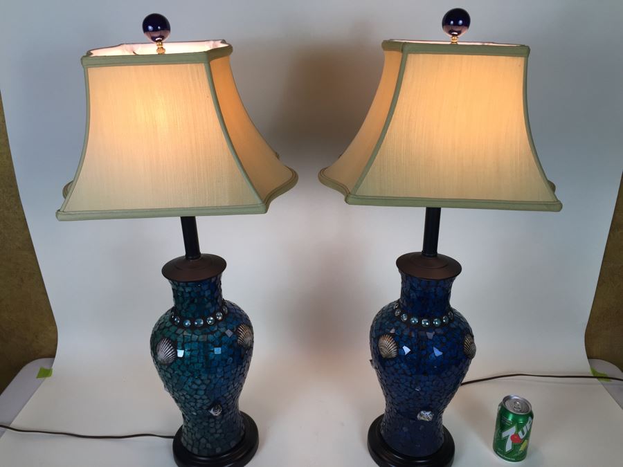 Nice Pair Of Contemporary Blue Mosaic Glass Lamps With Shell & Ocean Motif [Photo 10]