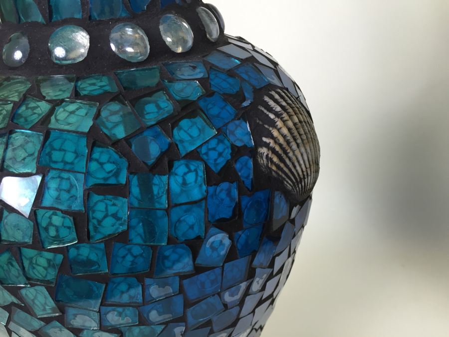 Nice Pair Of Contemporary Blue Mosaic Glass Lamps With Shell & Ocean Motif [Photo 5]