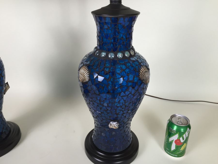 Nice Pair Of Contemporary Blue Mosaic Glass Lamps With Shell & Ocean Motif [Photo 7]