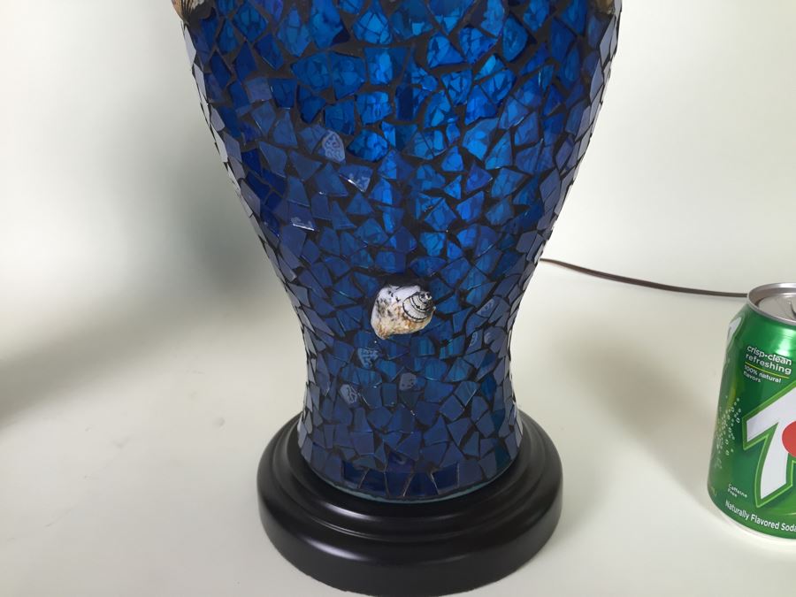 Nice Pair Of Contemporary Blue Mosaic Glass Lamps With Shell & Ocean Motif [Photo 9]