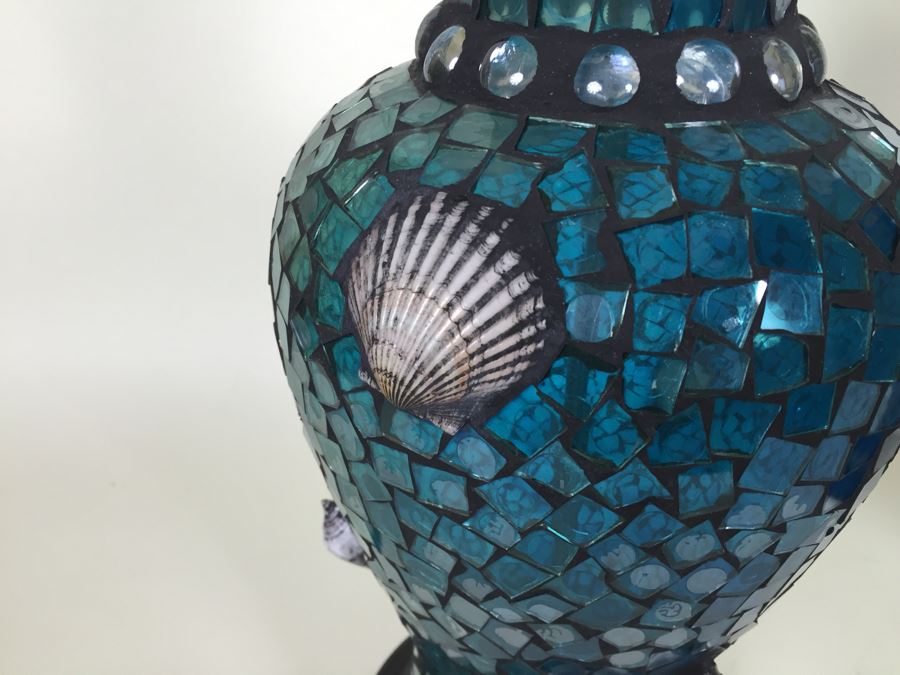 Nice Pair Of Contemporary Blue Mosaic Glass Lamps With Shell & Ocean Motif [Photo 3]
