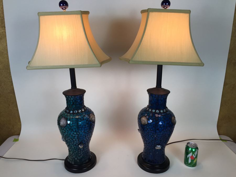 Nice Pair Of Contemporary Blue Mosaic Glass Lamps With Shell & Ocean Motif [Photo 2]