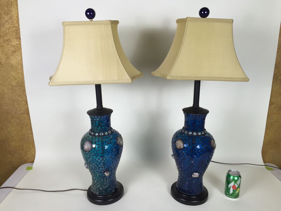 Nice Pair Of Contemporary Blue Mosaic Glass Lamps With Shell And Ocean Motif