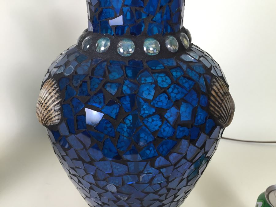 Nice Pair Of Contemporary Blue Mosaic Glass Lamps With Shell & Ocean Motif [Photo 8]