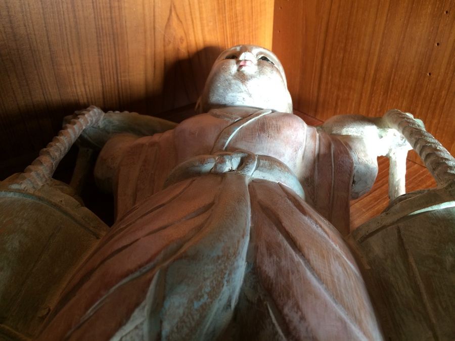 Large Hand Carved Wooden Asian Figure Carrying Two Buckets with Turtles - 21' Tall [Photo 13]