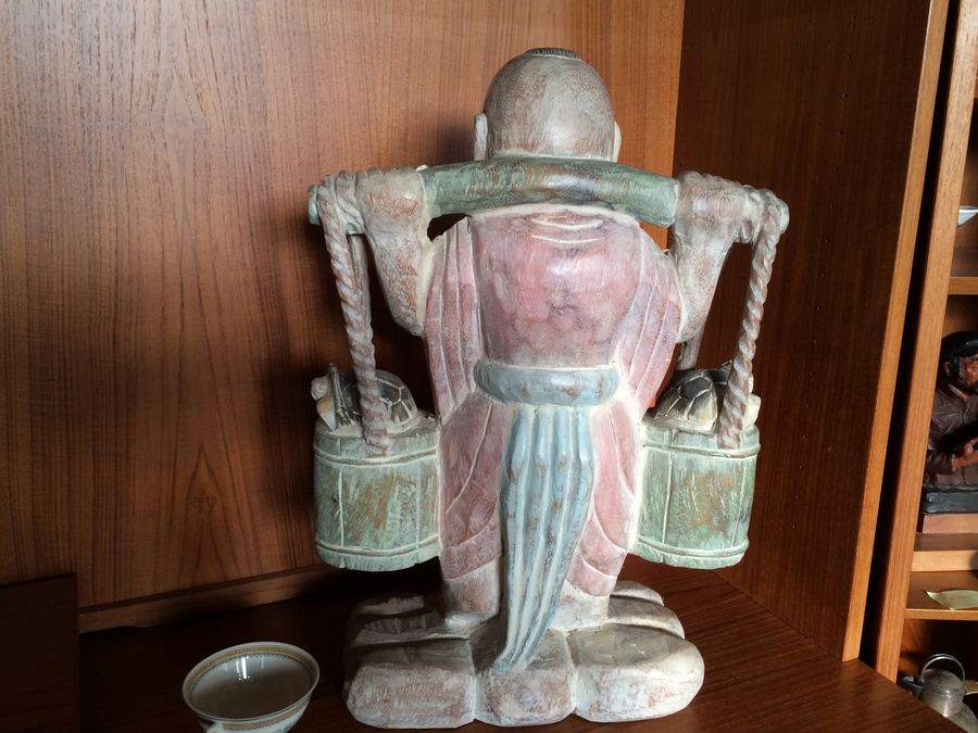 Large Hand Carved Wooden Asian Figure Carrying Two Buckets with Turtles - 21' Tall [Photo 2]
