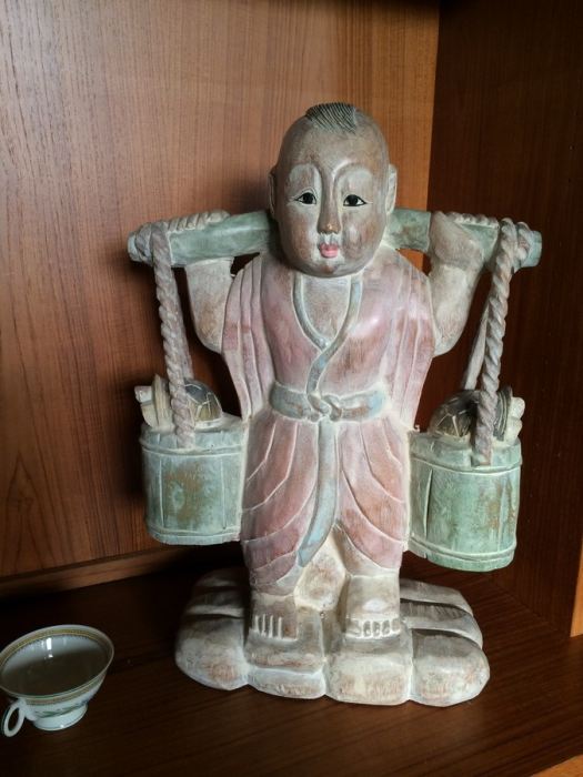 Large Hand Carved Wooden Asian Figure Carrying Two Buckets with Turtles - 21' Tall [Photo 1]