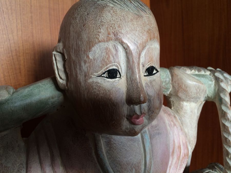 Large Hand Carved Wooden Asian Figure Carrying Two Buckets with Turtles - 21' Tall [Photo 6]