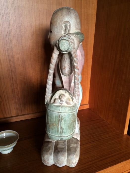 Large Hand Carved Wooden Asian Figure Carrying Two Buckets with Turtles - 21' Tall [Photo 4]