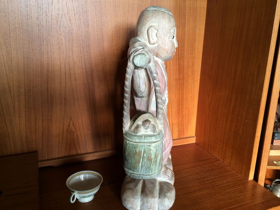 Large Hand Carved Wooden Asian Figure Carrying Two Buckets with Turtles - 21' Tall [Photo 5]