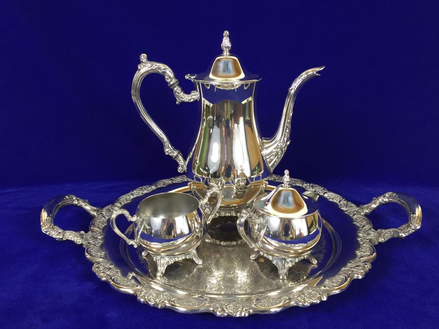 ONEIDA Silverplate Footed Coffee Pot With Creamer, Sugar And Serving Tray [Photo 4]