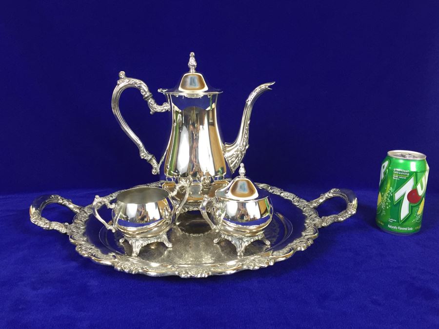 ONEIDA Silverplate Footed Coffee Pot With Creamer, Sugar And Serving Tray