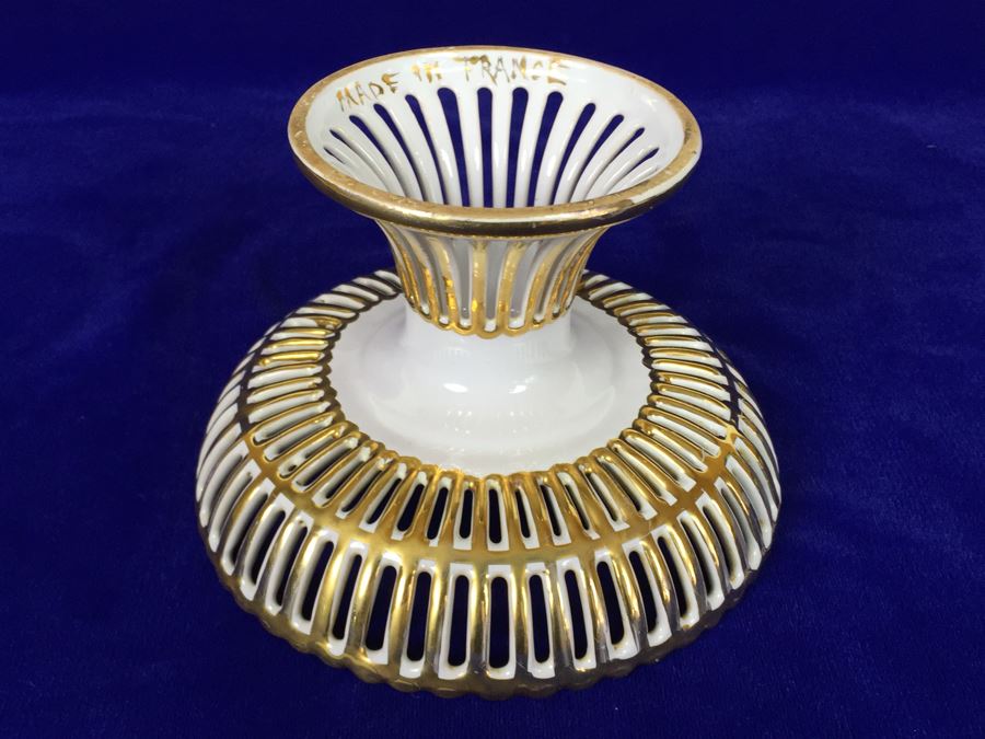 French Footed Reticulated Bowl White With Gold Accents [Photo 8]