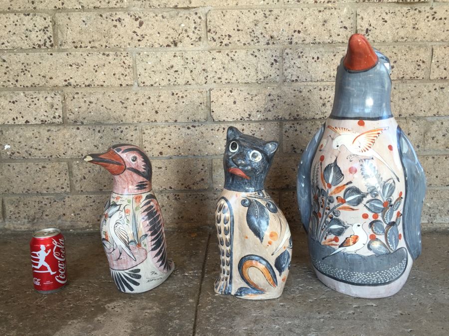 Mexican Pottery Lot With 2 Birds And Cat [Photo 1]