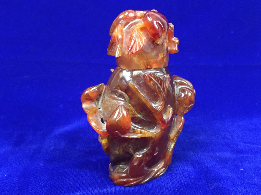 LARGE 6' Vintage Chinese Carved Carnelian Agate Snuff Bottle With Leaves And Bottle Motif 530g [Photo 14]