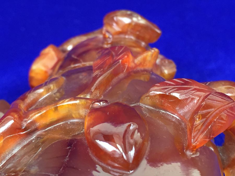 LARGE 6' Vintage Chinese Carved Carnelian Agate Snuff Bottle With Leaves And Bottle Motif 530g [Photo 24]