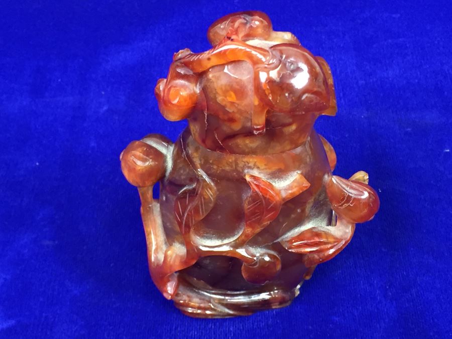 LARGE 6' Vintage Chinese Carved Carnelian Agate Snuff Bottle With Leaves And Bottle Motif 530g [Photo 25]