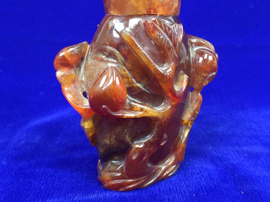 LARGE 6' Vintage Chinese Carved Carnelian Agate Snuff Bottle With Leaves And Bottle Motif 530g [Photo 15]