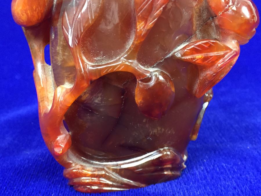 LARGE 6' Vintage Chinese Carved Carnelian Agate Snuff Bottle With Leaves And Bottle Motif 530g [Photo 8]