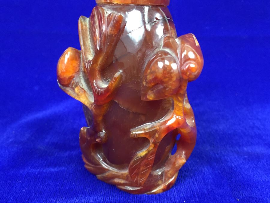 LARGE 6' Vintage Chinese Carved Carnelian Agate Snuff Bottle With Leaves And Bottle Motif 530g [Photo 12]