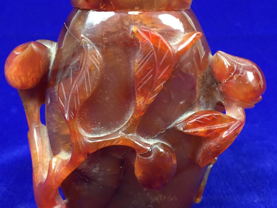 LARGE 6' Vintage Chinese Carved Carnelian Agate Snuff Bottle With Leaves And Bottle Motif 530g [Photo 7]