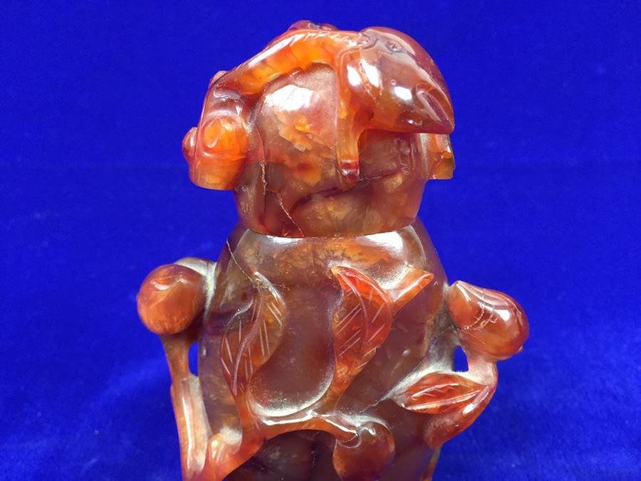 LARGE 6' Vintage Chinese Carved Carnelian Agate Snuff Bottle With Leaves And Bottle Motif 530g [Photo 6]