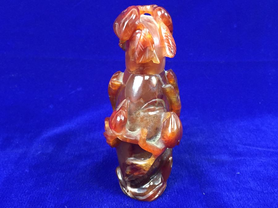 LARGE 6' Vintage Chinese Carved Carnelian Agate Snuff Bottle With Leaves And Bottle Motif 530g [Photo 17]