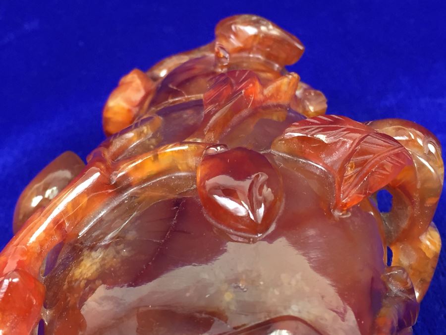 LARGE 6' Vintage Chinese Carved Carnelian Agate Snuff Bottle With Leaves And Bottle Motif 530g [Photo 23]