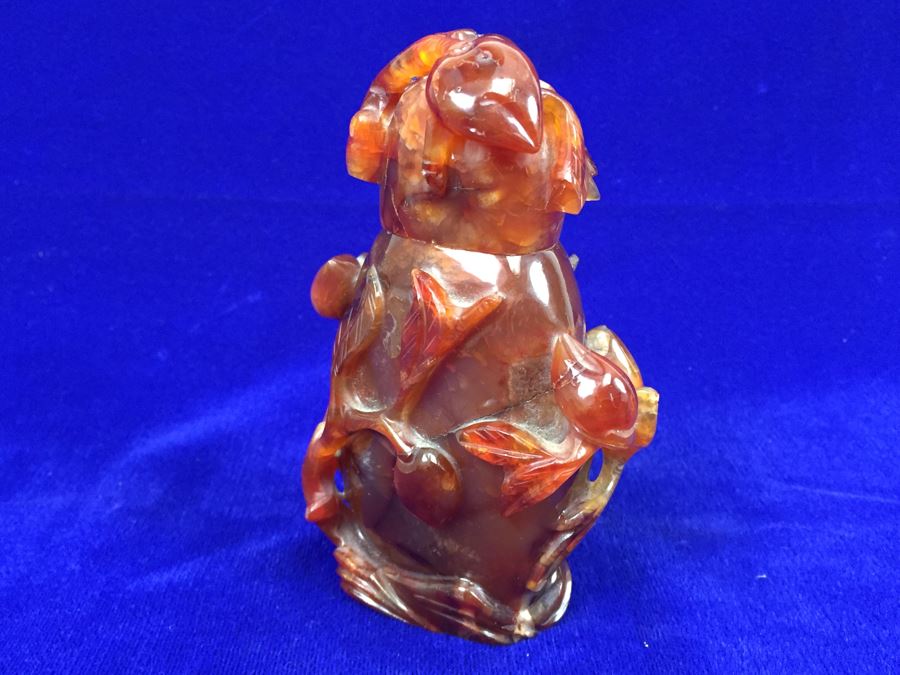 LARGE 6' Vintage Chinese Carved Carnelian Agate Snuff Bottle With Leaves And Bottle Motif 530g [Photo 19]