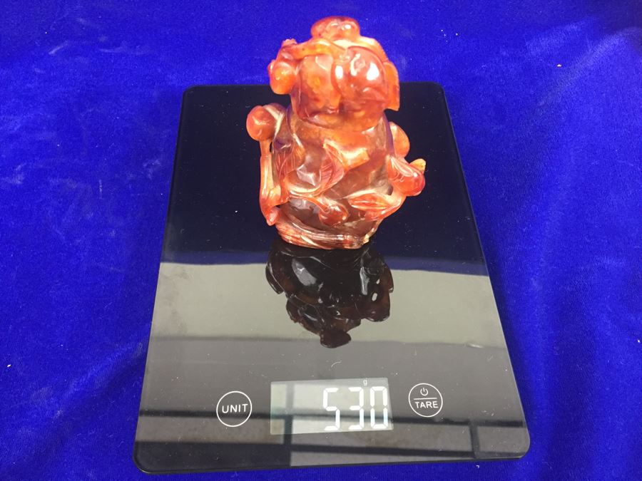 LARGE 6' Vintage Chinese Carved Carnelian Agate Snuff Bottle With Leaves And Bottle Motif 530g [Photo 4]