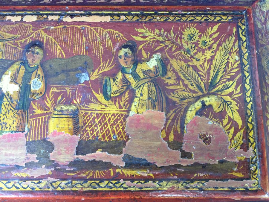 Old Asian Laquer Hand Painted Footed Box Don't Have Key [Photo 6]